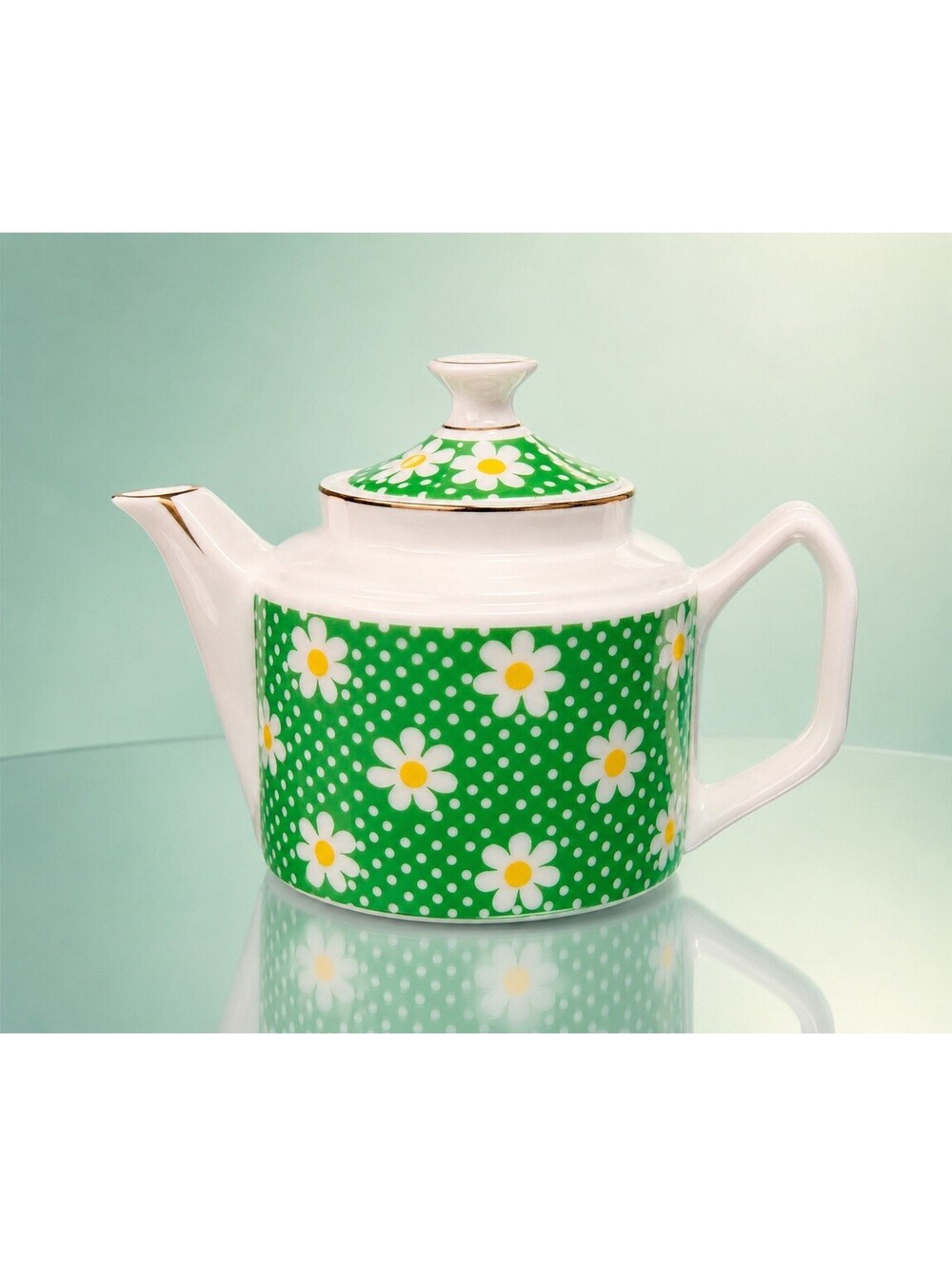 John Wagner & Sons Japan 1970s Teapot Daisy Porcelain Green White, 2.5x5”